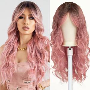 lot 12011 image: Esmee Long Wavy Pale Pink Wig For Women Bangs Wig Curly Synthetic Hair Natural Looking Heat Resistant Fiber For Daily Party Cosplay Christmas Wear