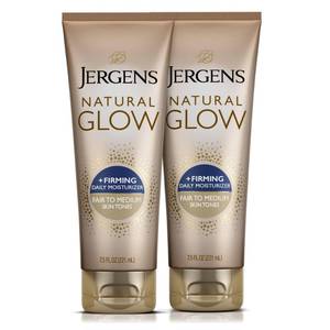 lot 12013 image: Jergens Natural Glow Firming Self Tanner Body Lotion, Fair to Medium Skin Tone, Sunless Tanning Moisturizer with Collagen and Elastin. Helps to Visibly Reduce Cellulite, 7.5 Fl Oz (Pack of 2)