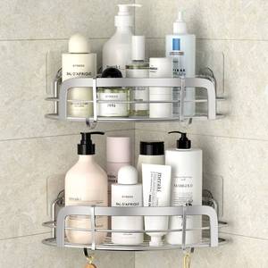 lot 12023 image: STEUGO 2 Pack Shower Caddy Corner, Bathroom Corner Shower Shelfs, Adhesive Wall Mounted Shower Caddy with 4 Movable Hooks, No Drilling Shower Shelf, Stainless Steel Silver.