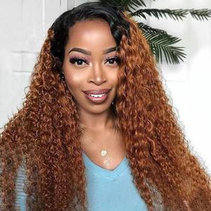 lot 12035 image: Peenoll Curly Human Hair Wig Omber T 27 Lace Frontal Closure Jerry Curly Human Hair Wig Pre Plucked Pre Cut Lace Frontal Closure Glueless Wigs Elastic Band 200% Density