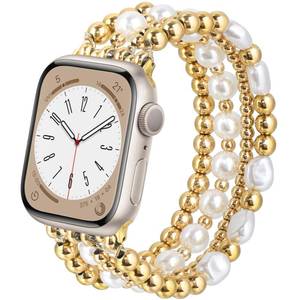 lot 12040 image: AIRSPO Gold Beaded Bracelets Compatible for Apple Watch Band 38mm 40mm 41mm 42mm 44mm 45mm Women, Fashion Handmade Dressy iPhone Watch Bands Elastic Strap for iWatch Series SE 8 7 6 5 4 3 2 1 (Gold, 38mm40mm41mm-S(5.3-6.2))