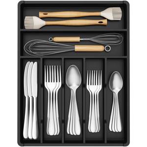 lot 12041 image: Lifewit Silverware Tray, Deep Wide Cutlery Drawer Organizer Storage for Kitchen, Plastic Flatware Utensil Holder Divider for Spoons Forks Knives Tableware, 7 Compartment, Black