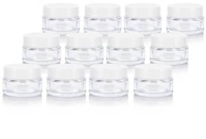 lot 12065 image: Clear Glass 0.50 oz  15 ml Low Profile Thick Wall Balm Jars with White Smooth Foam Lined Lids (12 PACK)