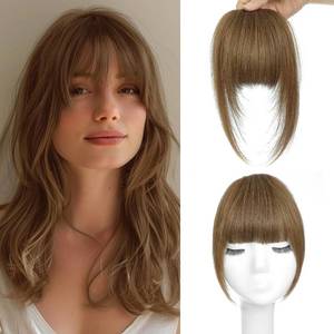 lot 12067 image: Clip In Bangs 100% Human Hair Extensions - French Medium Brown Real Human Hair Fake Bangs for Natural Hair