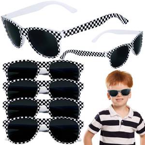 lot 12095 image: 6 Pack Race Car Checkered Sunglasses White Black Frame Checker Sunglasses Bulk for Kids Race car Party Favors Essentials & Gear Up With Hot Car Plastic Glasses for Racing Theme Birthday Supplies Gifts