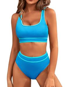 lot 12104 image: BMJL Womens Tummy Control Swimsuit High Waisted Two Piece Bikini Sets Athletic Color Block High Cut Swimwear(XL,Blue Ribbed)