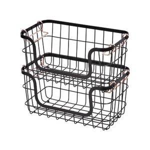 lot 12113 image: Amazon Basics Stackable Metal Wire Rectangular Storage Basket Set For Kitchen or Bathroom, 2 Count, Black