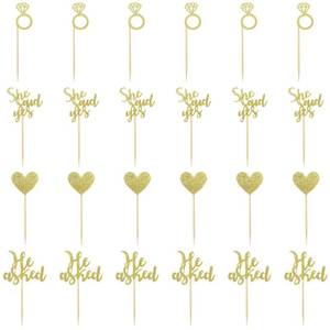 lot 12115 image: 24 Pcs He Asked She Said Yes Cake Topper Gold Cupcake Toppers Heart Diamond Ring Cupcake Picks Glitter Cupcake Decorations for Wedding Engagement Bridal Shower Party Cake Decorations