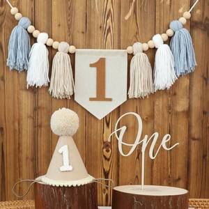 lot 12124 image: 1st Birthday Highchair Banner Decorations For First Boys Khaki Cone Hat With One Cake Topper Photo Backdrop