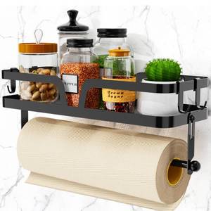 lot 12139 image: Taozun Paper Towel Holder with Shelf, Kitchen Paper Holder Spice Rack Black Paper Towel Roll Holder RV Paper Towel Rack with 4 Hooks(2 Installation Methods - Self-Adhesive and Drilling)