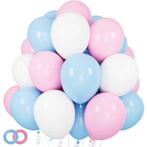lot 12414 image: Pink and Blue Balloons 100 Pack 12 inch Pastel Pink Blue White Latex Party Balloons with 65ft Ribbon for Gender Reveal Baby Shower Birthday Bridal Shower Wedding Party Decorations Supplies