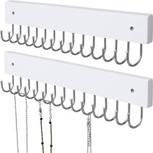 lot 12436 image: SCUNDA Hanging Jewelry Organizer Wall Mounted, Modern Jewelry Display with 28 Hooks, Decorative Necklace Holder for Wall, Space Saving Necklace Hooks, (2 Packs, White)