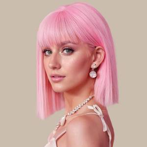 lot 12453 image: Pink Bob Wig With Bangs - Short Straight Bob Bangs Wig, 12Inch Heat Resistant Synthetic Hair, Natural Looking For Daily Party Use