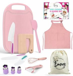 lot 15278 image: EMREY Montessori Kids Cooking & Baking Set - 13 Piece Set With Kids Knife, Cutting Board, Silicone Spatula, Whisk, Cookie Cutters, Apron & Toddler Kitchen (2 pack)
