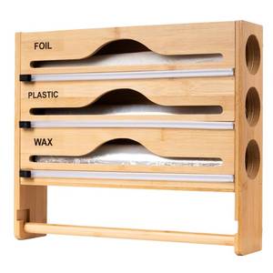 lot 15300 image: Fibogollo Wrap Dispenser with Cutter and Labels, Bamboo 3 tier Plastic Wrap Organizer and Paper Towel Holder for Kitchen Wall Mount Storage for Aluminum Foil,Cling Wrap,Wax��Natural��