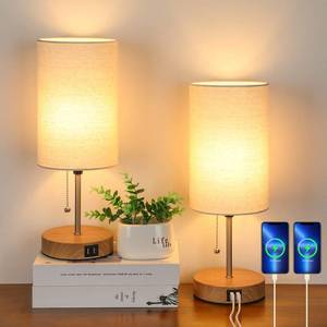 lot 15301 image: Set of 2 Table Lamps with 2 USB Ports, Modern Bedside, Desk Lamps with Pull Chain, Nightstand Lamps with Cream Fabric Shade and Oak Metal Base for Living Room Bedroom Office Reading Dorm Hotel