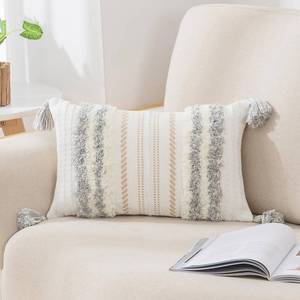 lot 15313 image: decorUhome Decorative Boho Throw Pillow Cover 12x20, Lumbar Accent Neutral Textured Tufted Pillow Cover Striped for Couch Bed Sofa, Light Grey and Cream White, Pack of 1