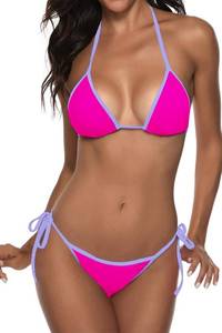 lot 16256 image: Suvimuga Women Two Piece Swimsuit Color Block Swimwear Halter String Triangle Bikini Sets Rosered L