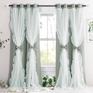 lot 16257 image: PONY DANCE Blackout Curtains for Living Room Decor Window Treatment Double Layer Drapes Ruffle Sheer Overlay Farmhouse Rustic Design, W 52 x L 84 Inches, Sage Green, 2 Panels