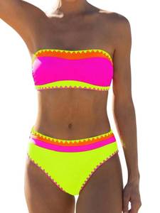 lot 16259 image: Sexybody Womens Bandeau Bikini Strapless Bikini Neon Color Block Two Piece Whip Stitch Trim Bathing Suits (Size small)