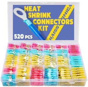 lot 16310 image: haisstronica 520PCS Marine Grade Heat Shrink Wire Connectors-Electrical Connectors Kit of Tinned Red Copper,16-14 22-16 12-10 Gauge Crimp Insulated Ring Fork Spade Butt Splices(3Colors24Size)