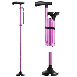 lot 16311 image: BONTEC Folding Walking Cane, Aluminium Collapsible Walking Stick with Large Quad Base, Height Adjustable Free Standing Cane, Anti-Lost Tag, Lightweight, Light Pink