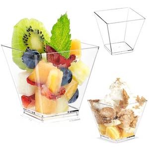 lot 16319 image: Xanllaxa 50 Pack 3.5 Oz Plastic Mini Dessert Cups,Square Clear Parfait Cups for Chocolate Desserts, Appetizers,Dessert Samplers,Dessert Shot Glasses & More