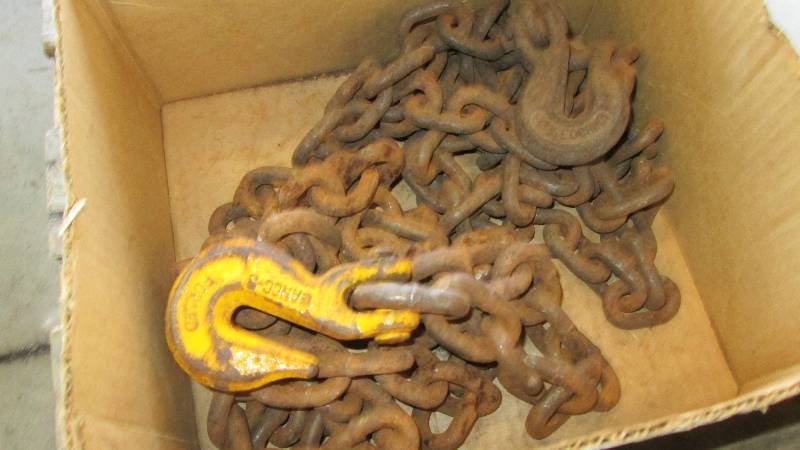 lot 410 image: Lot of 2 Chains 1 7 x516 and 1 7  x 38 with Hooks (Shop Tools)