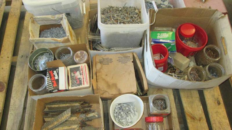 lot 136 image: Pallet full of Nails- Roofing-Siding-Nails for Nail Guns and More