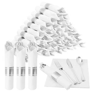 lot 1495 image: Goldclean 50 Pack Pre Rolled Silver Plastic Silverware, Wrapped Cutlery Set Include Forks, Spoons, Knives & Napkins, Disposable Heavy Duty Silverware Set for Party and Wedding