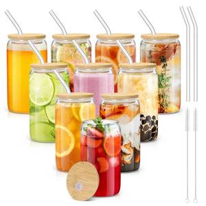 lot 1498 image: sungwoo 10PCS Glass Cups with Bamboo Lids and Straws, 16OZ Ice Coffee Cup, Drinking Cup set with Wooden Lids, Home Essential Glass Tumblers for Beer, Cocktail, Tea and Latte Clear