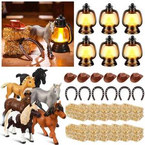 lot 1499 image: Amyhill 36 Pcs Western Horse Party Centerpieces for Table with Realistic Horse Figurines Hay Bales Mini Cowboy Hats Horseshoes Mini Lanterns Western Themed Decor Cowboy Party Centerpieces