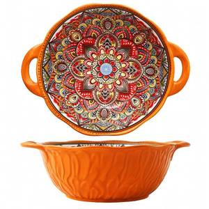 lot 1514 image: 2 Pack Boho Ceramic Serving Bowls with Handles, 40 Oz Porcelain Salad Bowls, Large Serving Dishes for Entertaining, Mixing Bowls for Soup, Stew, Pasta, Cereal, Colorful Embossed Cute Bowls Set MLKS