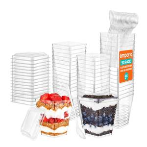 lot 1520 image: Emporio Kitchen 5oz Plastic Dessert Cups with Lids and Spoons - Appetizer Cups for Pudding, Parfait, Ice Cream, and Cocktails, BPA-Free, Clear Reusable Serving Cups, Elegant Design, Pack of 50
