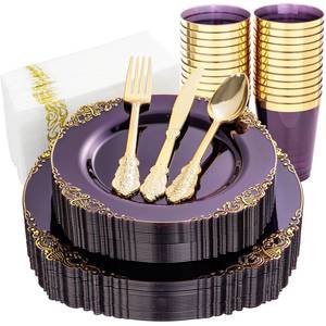 lot 1548 image: Nervure 175PCS Clear Purple Plastic Plates - Gold Plastic Plates for 25 Guests Include 25Dinner Plate, 25Dessert Plate, 25Cups, 75 Cutlery, 25Napkins Perfect for Wedding & Party