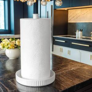 lot 1561 image: VROOMIUM Paper Towel Holder Countertop, Ceramic Base Easy-to-Clean, 1.4 lbs, 7 B x 12.5 H, Stable Elegant and Durable Kitchen Roll Stand, Chic White