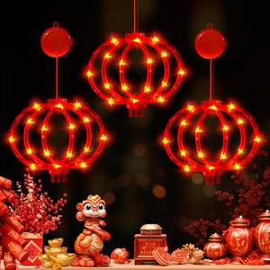 lot 1564 image: LOLStar Chinese New Year Decorations 2025 3 Pack Red Lanterns Window Lights Spring Festival LED Lights with Suction Cups Battery Operated Indoor Hanging Lunar New Year Decorations