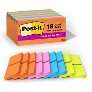lot 2008 image: Post-it Super Sticky Notes, 18 Sticky Note Pads, 1 78 x 1 78 in., School Supplies, Office Products, Sticky Notes for Vertical Surfaces, Monitors, Walls and Windows, Energy Boost Collection