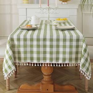lot 2013 image: Laolitou Checkered Tablecloth Square Washable Heavy Duty Buffalo Plaid Table Cloth with Tassel Cotton Linen Gingham Table Cover for Spring Picnic Kitchen Dining Room, Green, 55 Inch