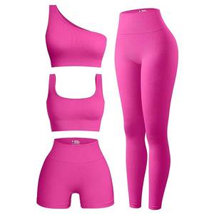 lot 2372 image: OIERD 4 Piece Workout Sets For Women Ribbed Leggings Clothes Yoga Sets Active Wear Cute Matching Work Out Sets Gym Pilates Outfits For Women Set Purple Red,L