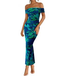 lot 2439 image: BTFBM Cocktail Dresses for Women 2025 Summer Off Shoulder Bodycon Ruched Mesh Back Slit Elegant Floral Maxi Dress L
