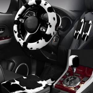 lot 2464 image: Wazzh 6PCS Set car Interior Aesthetic Accessories, Fluffy Cute Cows Steering Wheel Cover, armrest pad, seat Belt Cover,Gear Shift Cover, Fit Girly car