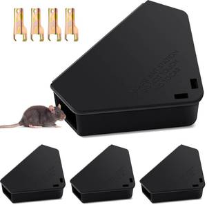 lot 2471 image: Qualirey 4 Pcs Mice Station with Key Triangle Bait Station Reusable Rodent Trap Bait Box, Keeps Children and Pets Safe Indoor & Outdoor, Bait Not Included, Suitable for Small Mice (Black)