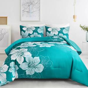 lot 5321 image: Menghomeus King Comforter Set Gradient Teal Bedding Floral Comforter Sets - Soft Microfiber Bed Comforter Set for All Season, 3 Piece Botanical Flowers Comforter, Pillowcases