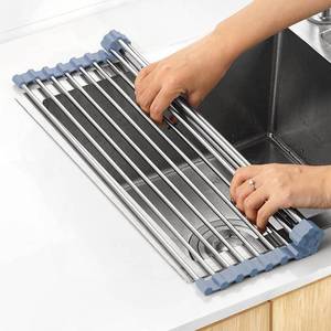 lot 6375 image: MECHEER Over The Sink Dish Drying Rack, Roll Up Dish Drying Rack Kitchen Dishes Rack Stainless Steel Sink Drying Racks, Foldable Dishes Drainer, Gray (17.5x15.7)