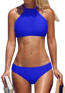 lot 6385 image: beautyin Womens High Neck Halter Cross Back Bikini Swimsuit Bathing Suit Blue