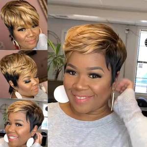 lot 6400 image: LEOSA Ombre Short Bob Pixie Cut Wig with Bangs for Black Women,Pixie Cut Side Part Wig Black Mixed Brown Highlight Color Wigs with Side Bangs Natural Straight Synthetic Cute Wigs Brown Bob Wig