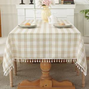 lot 6429 image: Laolitou Checkered Tablecloth Square Washable Heavy Duty Buffalo Plaid Table Cloth with Tassel Cotton Linen Gingham Table Cover for Holiday Picnic Kitchen Dining Room, Beige, 55 Inch