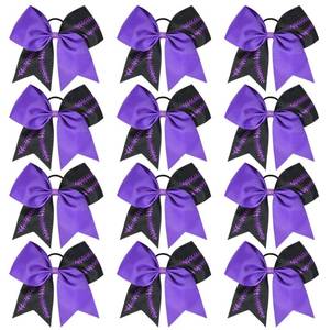 lot 6455 image: DEEKA 12 PCS Softball Cheer Bows with 2 Glitter Stitching Two Toned Cheerleader Team Bows Elastic Band for Softball Sports Girls (PurpleBlackPurple Stitching)