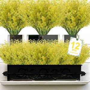 lot 6487 image: XEOLIAN Artificial Plants, 12 Bundles Outdoor Fake Plants Spring Summer UV Resistant Faux Greenery Shrubs Indoor Outside Porch Garden Patio Window Box Decor (Yellow)